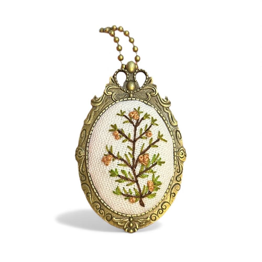 Pine Sprig Embroidery Necklace, Handmade Pendant / Broach